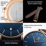 Watch, Mens Watch, Minimalist Fashion Simple Wrist Watch Analog Date with Leather Strap