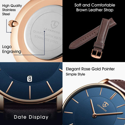 Watch, Mens Watch, Minimalist Fashion Simple Wrist Watch Analog Date with Leather Strap