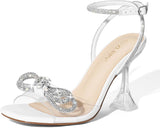 Women'S Rhinestone Bow Heels Square Toe Clear Heeled Sandals 