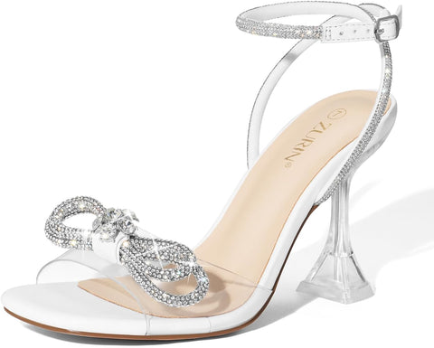 Women'S Rhinestone Bow Heels Square Toe Clear Heeled Sandals 