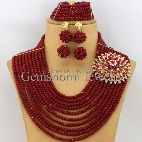 Perfect Red African Crystal Beads Jewelry Set Nigerian Beads African Lace Fabric Wedding Jewelry Set