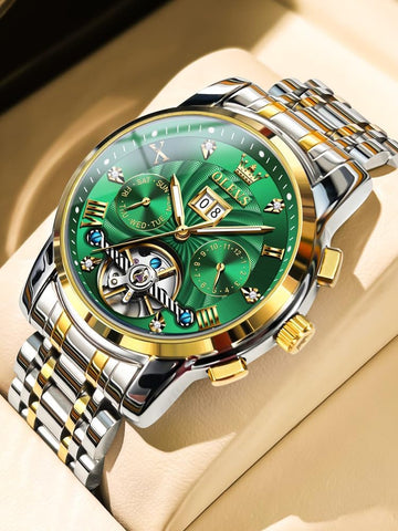 Mens Automatic Watches Gold Luxury Diamond Dress Self Winding Mechanical Skeleton Tourbillon Stainless Steel Wrist Watch