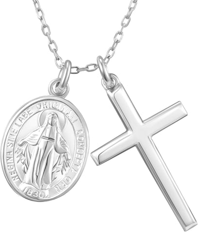 925 Sterling Silver Cross Necklace for Women with Miraculous Medal, 18K Gold Plated Virgin Mary Necklace, Double Pendant Mother Mary Necklaces Christian Jewelry Religious Gift for Her