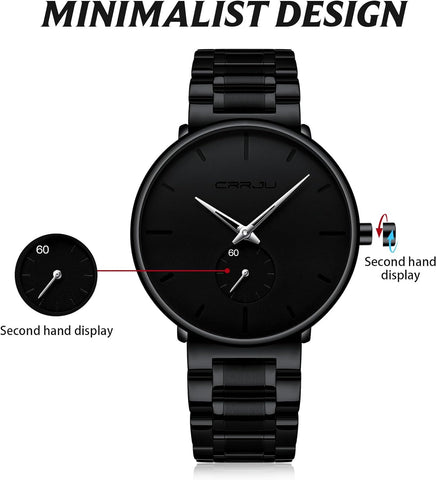 Mens Watches Ultra-Thin Minimalist Waterproof-Fashion Wrist Watch for Men Unisex Dress with Stainless Steel Band-Black Hands