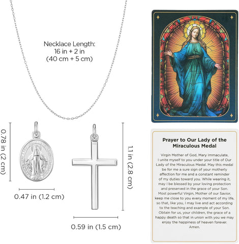 925 Sterling Silver Cross Necklace for Women with Miraculous Medal, 18K Gold Plated Virgin Mary Necklace, Double Pendant Mother Mary Necklaces Christian Jewelry Religious Gift for Her