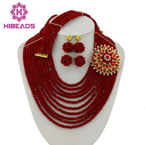 Perfect Red African Crystal Beads Jewelry Set Nigerian Beads African Lace Fabric Wedding Jewelry Set