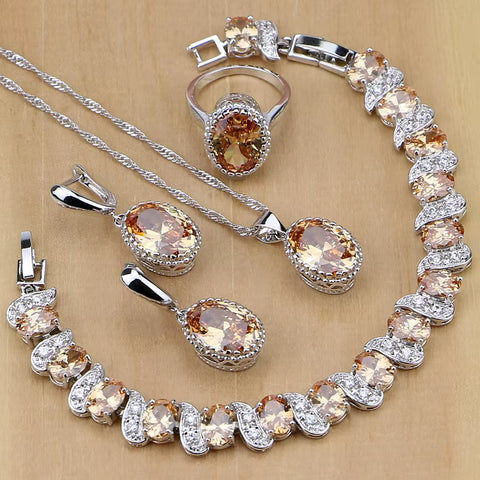 Silver 925 Bridal Jewelry Champagne Zircon Jewelry Sets for Women Earrings/Pendant/Necklace/Rings/Bracelet