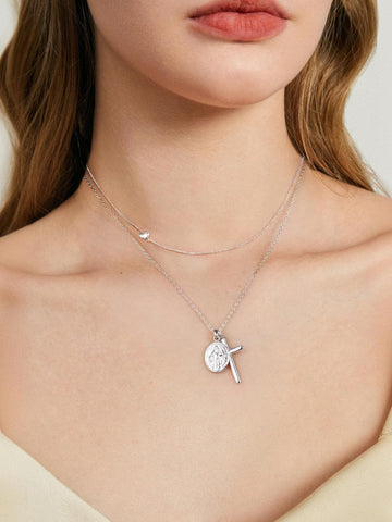 925 Sterling Silver Cross Necklace for Women with Miraculous Medal, 18K Gold Plated Virgin Mary Necklace, Double Pendant Mother Mary Necklaces Christian Jewelry Religious Gift for Her