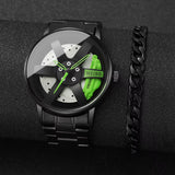 2PCS Fashion Men Sports Watches 3D Car Wheel Stainless Steel Band Wrist Watch Men'S Quartz Watch Bracelet Set（Without Box）