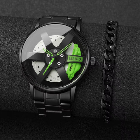 2PCS Fashion Men Sports Watches 3D Car Wheel Stainless Steel Band Wrist Watch Men'S Quartz Watch Bracelet Set（Without Box）