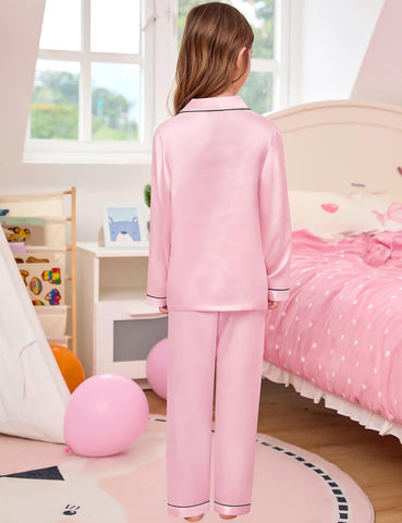 Girls Boys Silk Satin Pajamas Set Button-Down Two-Piece Pjs Lounge Sets with Long Pants