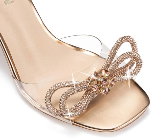 Women'S Rhinestone Bow Heels Square Toe Clear Heeled Sandals 