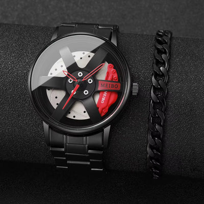 2PCS Fashion Men Sports Watches 3D Car Wheel Stainless Steel Band Wrist Watch Men'S Quartz Watch Bracelet Set（Without Box）