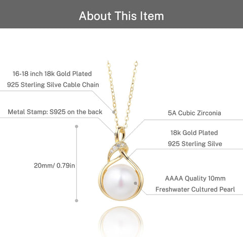 Elegant Freshwater Cultured Pearl Pendant Necklace in 925 Sterling Silver - Perfect Gift for Women (16-18 Inch)