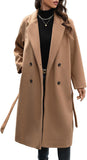 Women'S Winter Double Breasted Wool Coat Long Sleeve Notched Collar Trench Long Oversized Button down Overcoats