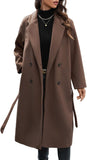Women'S Winter Double Breasted Wool Coat Long Sleeve Notched Collar Trench Long Oversized Button down Overcoats