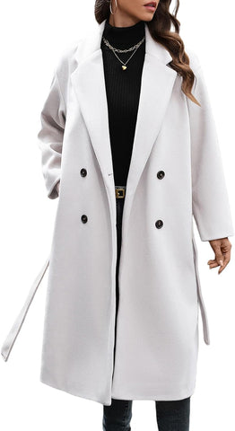 Women'S Winter Double Breasted Wool Coat Long Sleeve Notched Collar Trench Long Oversized Button down Overcoats