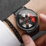 2PCS Fashion Men Sports Watches 3D Car Wheel Stainless Steel Band Wrist Watch Men'S Quartz Watch Bracelet Set（Without Box）