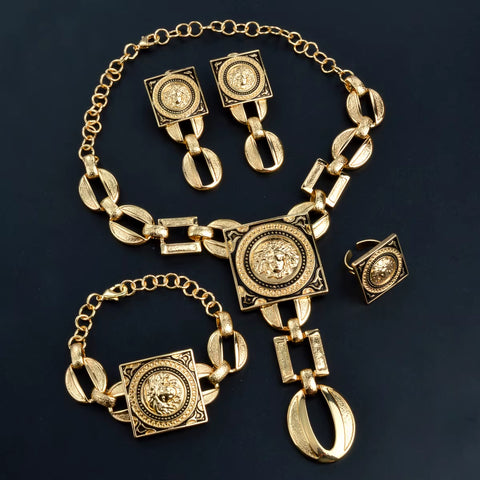 Jewelry Sets for Women 18K Gold Color African Jewellery Chain Necklace Bracelet Earrings Ring Wedding Party Lady Gift