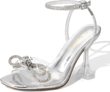 Women'S Rhinestone Bow Heels Square Toe Clear Heeled Sandals 