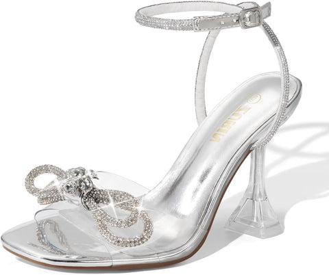 Women'S Rhinestone Bow Heels Square Toe Clear Heeled Sandals 