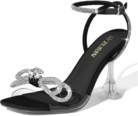 Women'S Rhinestone Bow Heels Square Toe Clear Heeled Sandals 