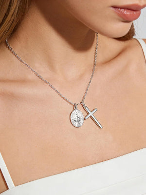 925 Sterling Silver Cross Necklace for Women with Miraculous Medal, 18K Gold Plated Virgin Mary Necklace, Double Pendant Mother Mary Necklaces Christian Jewelry Religious Gift for Her