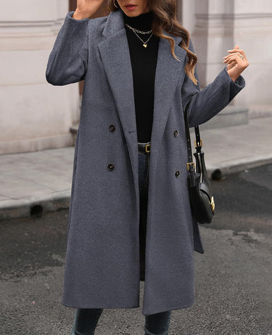 Women'S Winter Double Breasted Wool Coat Long Sleeve Notched Collar Trench Long Oversized Button down Overcoats