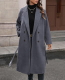Women'S Winter Double Breasted Wool Coat Long Sleeve Notched Collar Trench Long Oversized Button down Overcoats