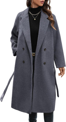 Women'S Winter Double Breasted Wool Coat Long Sleeve Notched Collar Trench Long Oversized Button down Overcoats