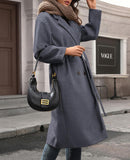 Women'S Winter Double Breasted Wool Coat Long Sleeve Notched Collar Trench Long Oversized Button down Overcoats