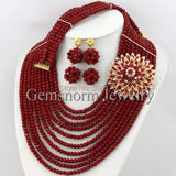 Perfect Red African Crystal Beads Jewelry Set Nigerian Beads African Lace Fabric Wedding Jewelry Set