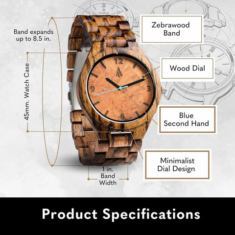Wooden Watches for Men, Japanese Quartz Movement, Stylish Exotic Wrist Watch with Adjustable Stainless Steel Buckle, Wooden Straps, Watch Made from Ebony and Zebrawood, Relojes Para Hombre (Black Zebrawood 4)