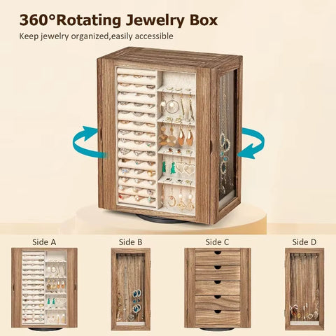 Jewelry Box for Women, Rustic Wooden Jewelry Organizer Box with 5 Drawers, Glass Doors, Vertical Open Desig
