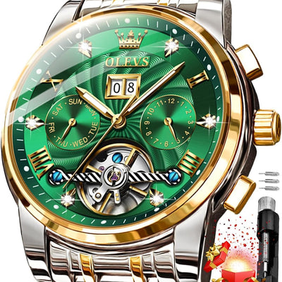 Mens Automatic Watches Gold Luxury Diamond Dress Self Winding Mechanical Skeleton Tourbillon Stainless Steel Wrist Watch