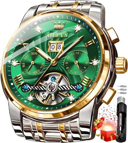 Mens Automatic Watches Gold Luxury Diamond Dress Self Winding Mechanical Skeleton Tourbillon Stainless Steel Wrist Watch