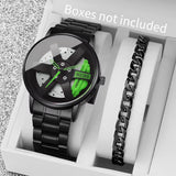 2PCS Fashion Men Sports Watches 3D Car Wheel Stainless Steel Band Wrist Watch Men'S Quartz Watch Bracelet Set（Without Box）