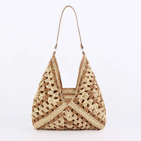 Women Straw Tote Bag Large Capacity Vintage Vacation Shoulder Bag Everything Casual Handbag Designer Hollow Summer Beach Bag
