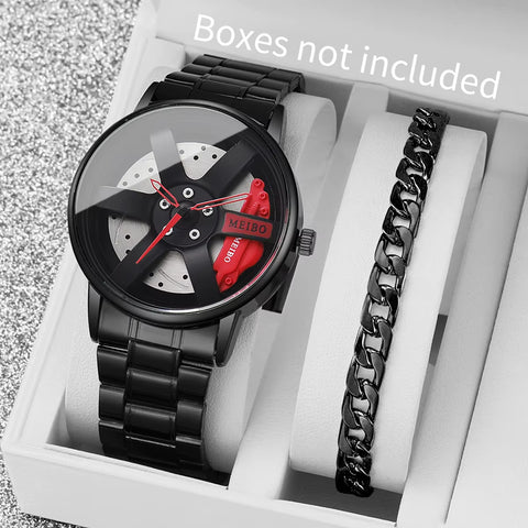 2PCS Fashion Men Sports Watches 3D Car Wheel Stainless Steel Band Wrist Watch Men'S Quartz Watch Bracelet Set（Without Box）