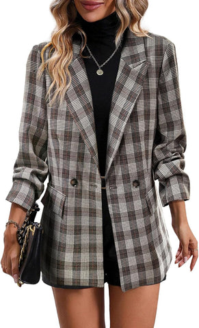 2025 Women'S Plaid  Blazer Jacket - Fully Lined Business Casual Office Suit with Pockets
