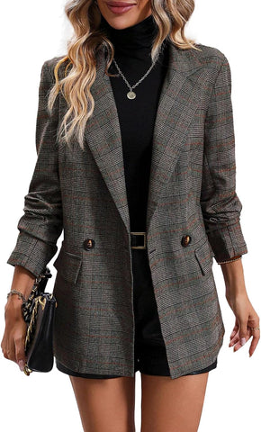 2025 Women'S Plaid  Blazer Jacket - Fully Lined Business Casual Office Suit with Pockets