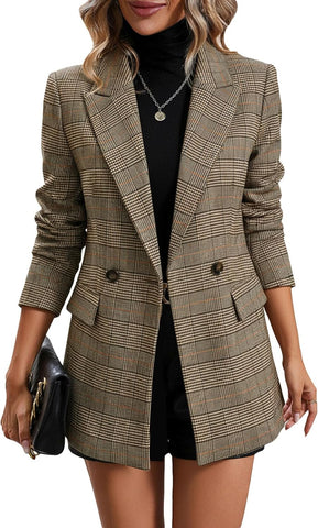 2025 Women'S Plaid  Blazer Jacket - Fully Lined Business Casual Office Suit with Pockets