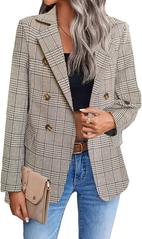 2025 Women'S Plaid  Blazer Jacket - Fully Lined Business Casual Office Suit with Pockets