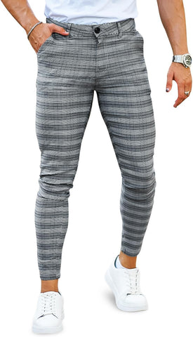 Mens Plaid Dress Pants Stretch Chino Pants Men Slim Fit