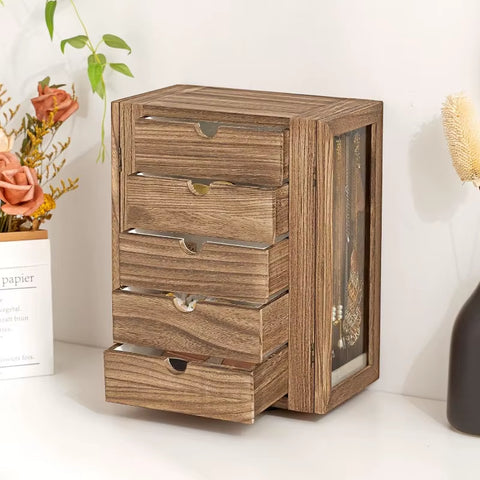 Jewelry Box for Women, Rustic Wooden Jewelry Organizer Box with 5 Drawers, Glass Doors, Vertical Open Desig