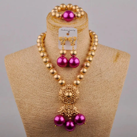 Wedding Jewelry Fashion Purple Glass Pearl Necklace African Wedding Bead Nigerian Bride Wedding Jewelry Set SH-53