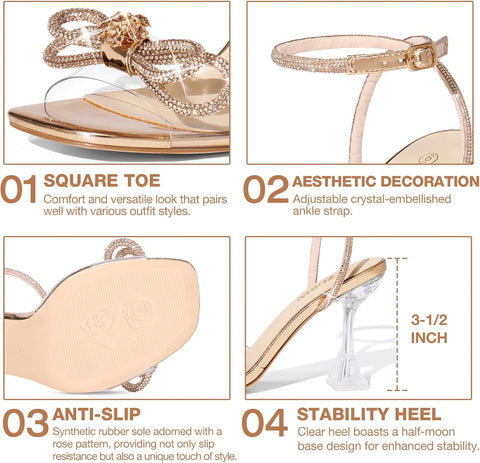 Women'S Rhinestone Bow Heels Square Toe Clear Heeled Sandals 