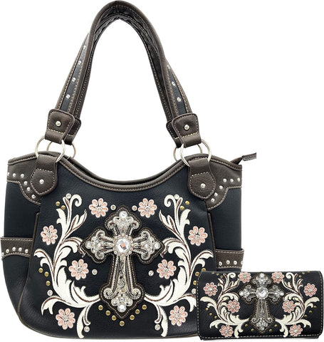 Stylish Western Cross Daisy Flower Concealed Carry Tote Handbag for Women