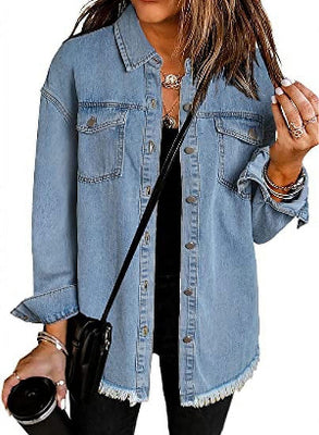 Stylish Sky Blue Denim Jacket for Women - Long Sleeve Boyfriend Jean Coat in Relaxed Fit