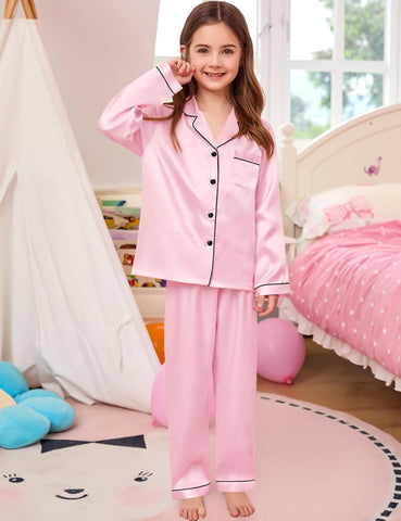 Girls Boys Silk Satin Pajamas Set Button-Down Two-Piece Pjs Lounge Sets with Long Pants